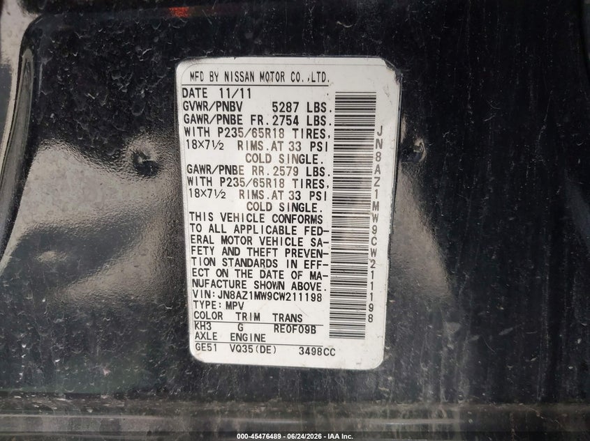2012 Nissan Murano VIN JN8AZ1MW9CW211198 IAAI salvage auction — FRONT END, Original (Vermont), sold $125 on 2026-07-16 (photo 9)
