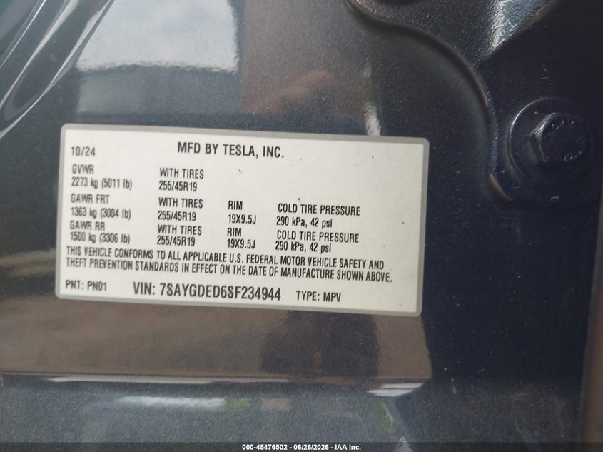2025 Tesla Model y VIN 7SAYGDED6SF234944 IAAI salvage auction — FRONT END, Salvage Title, sold $8,600 on 2026-08-02 (photo 9)