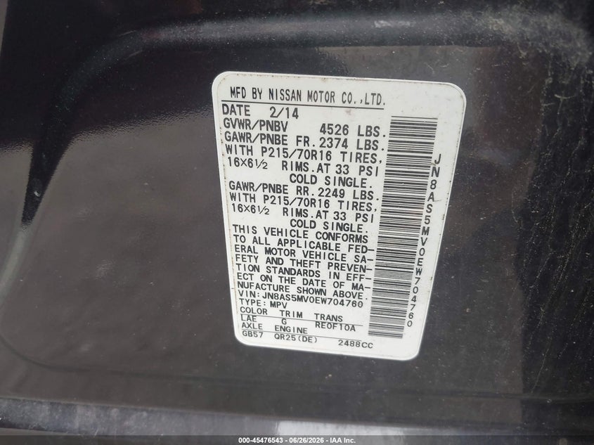 2014 Nissan Rogue VIN JN8AS5MV0EW704760 IAAI salvage auction — LEFT SIDE, Mv-907A (New York), sold $450 on 2026-07-14 (photo 9)