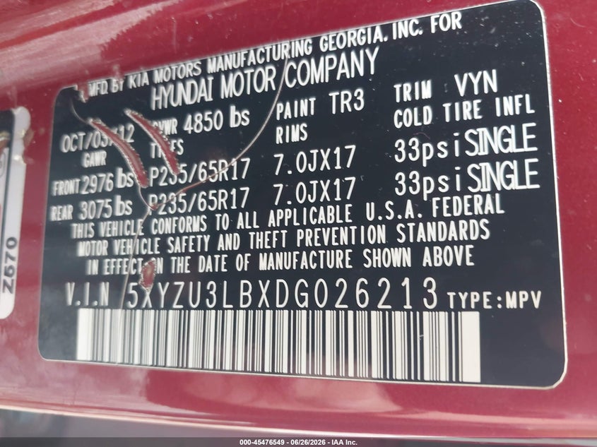 2013 Hyundai Santa fe VIN 5XYZU3LBXDG026213 IAAI salvage auction — NORMAL WEAR, Clear (Mississippi), sold $1,150 on 2026-07-24 (photo 9)