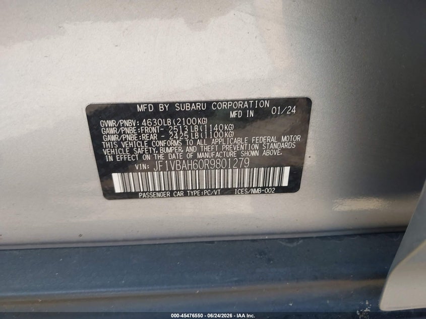 2024 Subaru Wrx VIN JF1VBAH60R9801279 IAAI salvage auction — FRONT END, Salvage (New Jersey), sold $13,000 on 2026-08-27 (photo 9)
