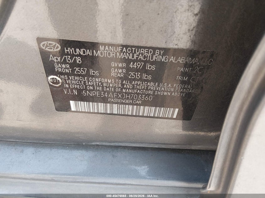 2018 Hyundai Sonata VIN 5NPE34AFXJH703360 IAAI salvage auction — FRONT END, Salvage (Texas), sold $2,050 on 2026-07-09 (photo 9)