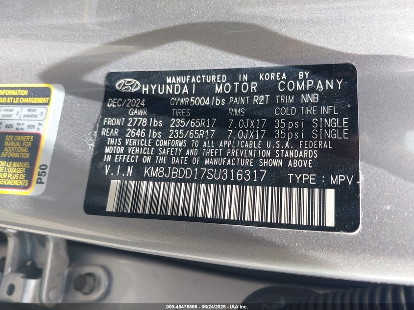 2025 Hyundai Tucson VIN KM8JBDD17SU316317 IAAI salvage auction — REAR END, Clear (Louisiana), sold $11,350 on 2026-07-14 (photo 9)