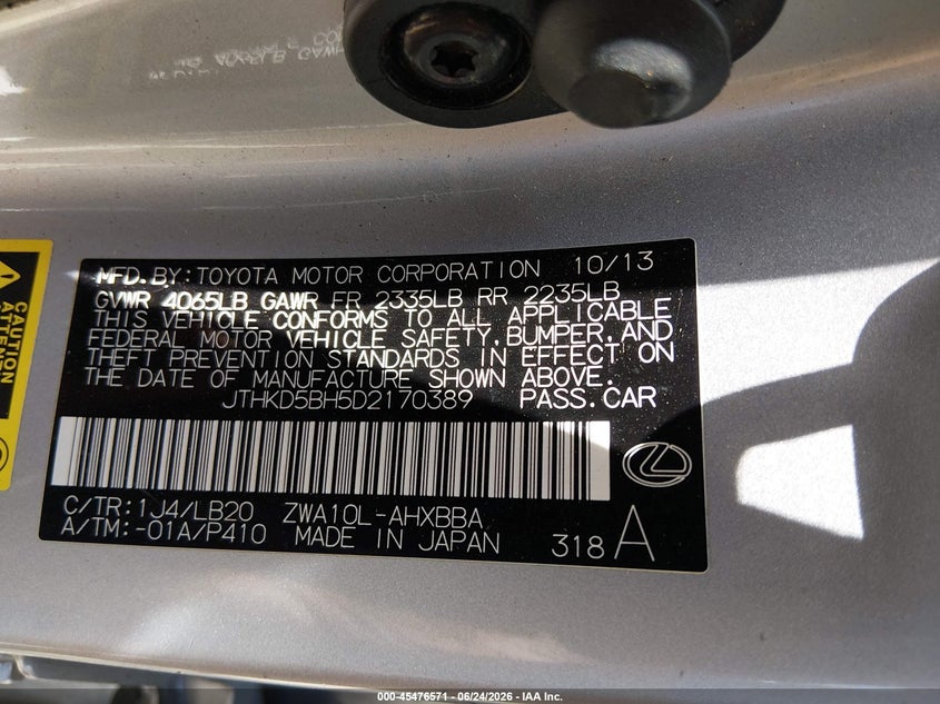 2013 Lexus Ct VIN JTHKD5BH5D2170389 IAAI salvage auction — NORMAL WEAR, Original (Ohio), sold $4,350 on 2026-07-08 (photo 9)
