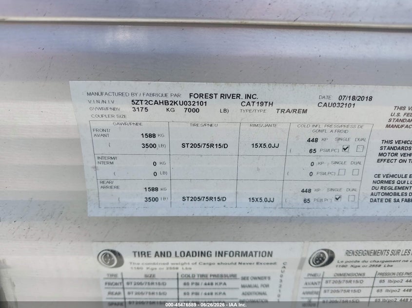 2019 Coachmen Catalina VIN 5ZT2CAHB2KU032101 IAAI salvage auction — BURN, Certificate Of Destruction (Florida), sold $100 on 2026-08-12 (photo 9)