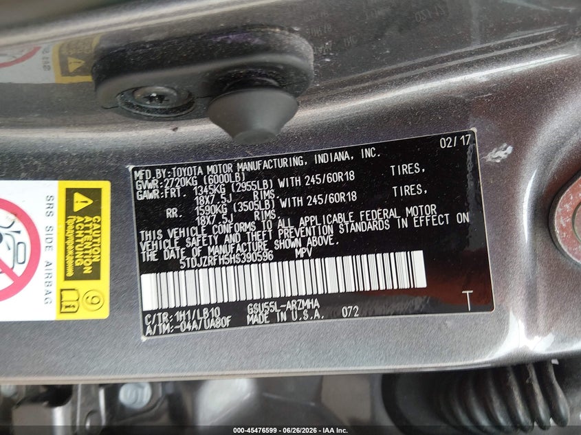 2017 Toyota Highlander VIN 5TDJZRFH5HS390596 IAAI salvage auction — LEFT REAR, Wait Title, sold $14,500 on 2026-08-14 (photo 9)