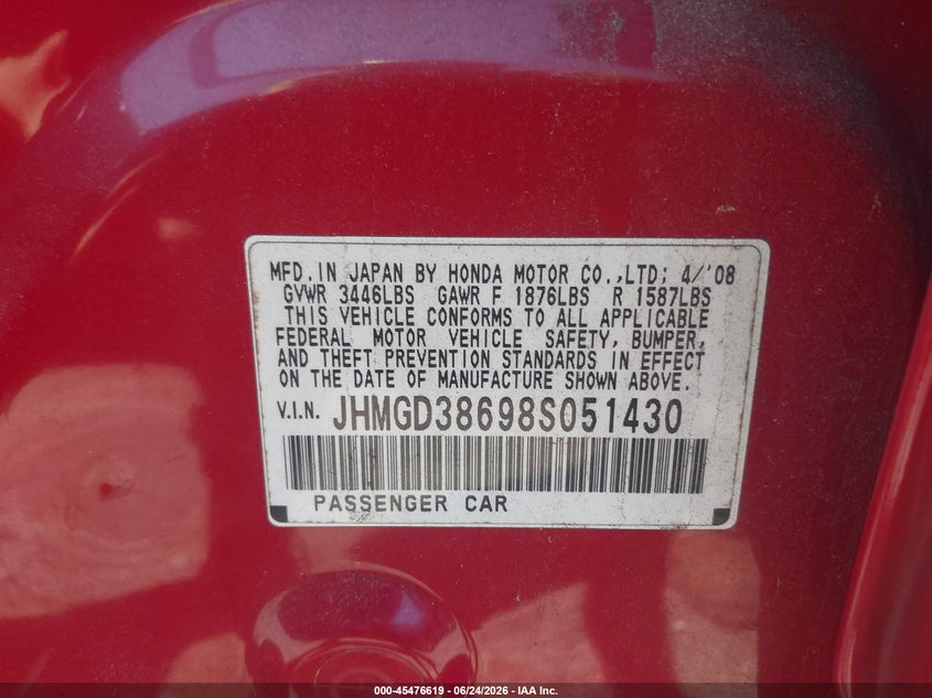 2008 Honda Fit VIN JHMGD38698S051430 IAAI salvage auction — NORMAL WEAR, Clear (Massachusetts), sold $550 on 2026-07-14 (photo 9)