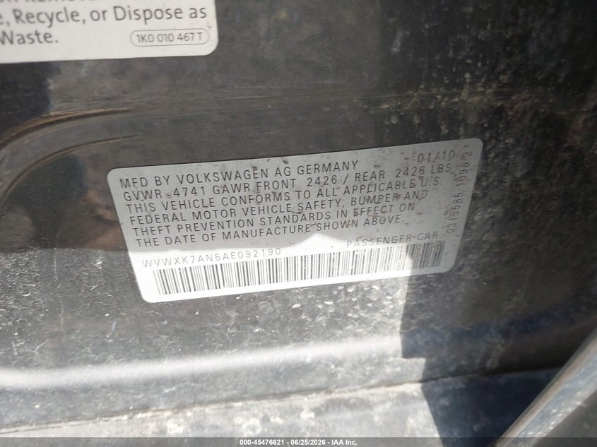 2010 Volkswagen Passat VIN WVWXK7AN5AE092190 IAAI salvage auction — FRONT END, Salvage (Pennsylvania), sold $375 on 2026-07-14 (photo 9)