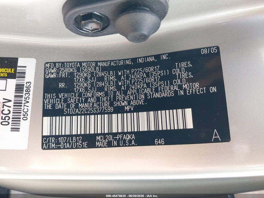 2005 Toyota Sienna VIN 5TDZA22C25S377599 IAAI salvage auction — FRONT END, Salvage (Georgia), sold $1,200 on 2026-07-22 (photo 9)