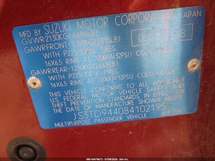 2008 Suzuki Grand vitara VIN JS3TD944084102195 IAAI salvage auction — NORMAL WEAR, Clear (New York), sold $1,225 on 2026-07-28 (photo 9)