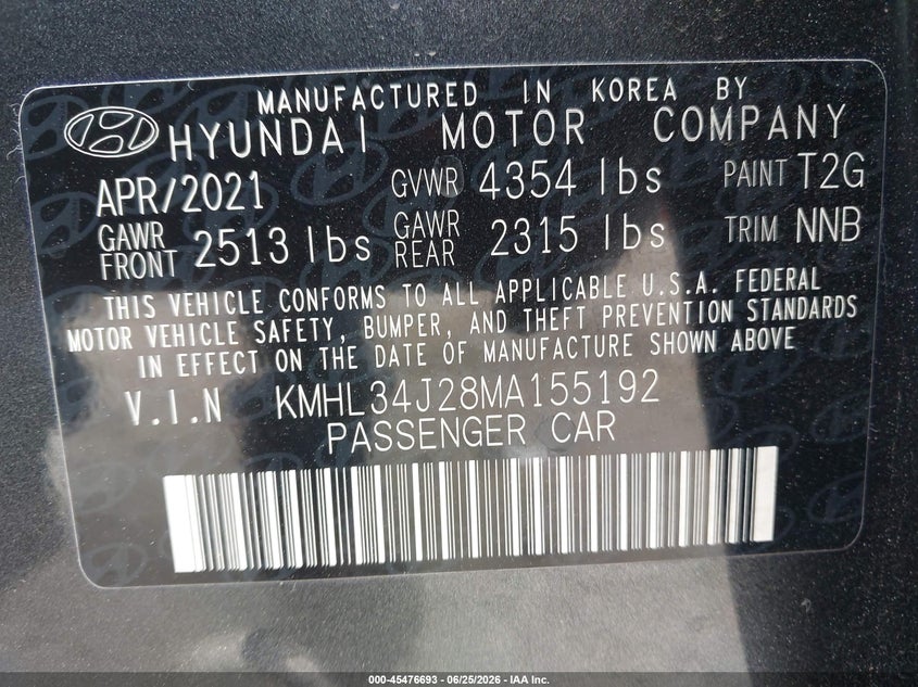 2021 Hyundai Sonata VIN KMHL34J28MA155192 IAAI salvage auction — LEFT FRONT, Salvage (Georgia), sold $5,700 on 2026-07-16 (photo 9)