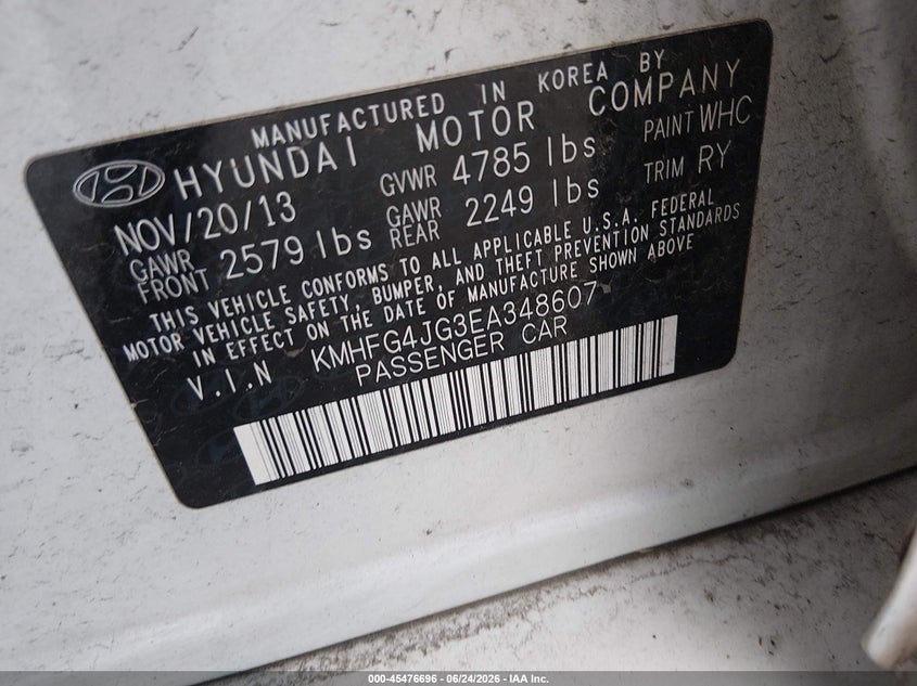 2014 Hyundai Azera VIN KMHFG4JG3EA348607 IAAI salvage auction — LEFT SIDE, Salvage (Alabama), sold $525 on 2026-07-16 (photo 9)