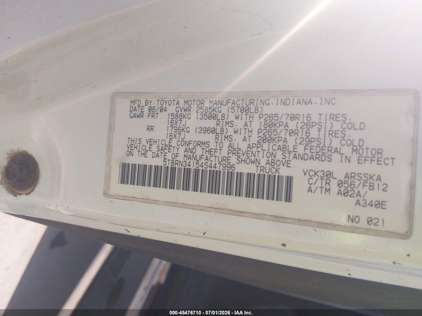 2004 Toyota Tundra VIN 5TBRN34154S447996 IAAI salvage auction — REPOSSESSION, Nrc Lienholder Repossession Paperwork (Texas), sold $450 on 2026-07-17 (photo 9)