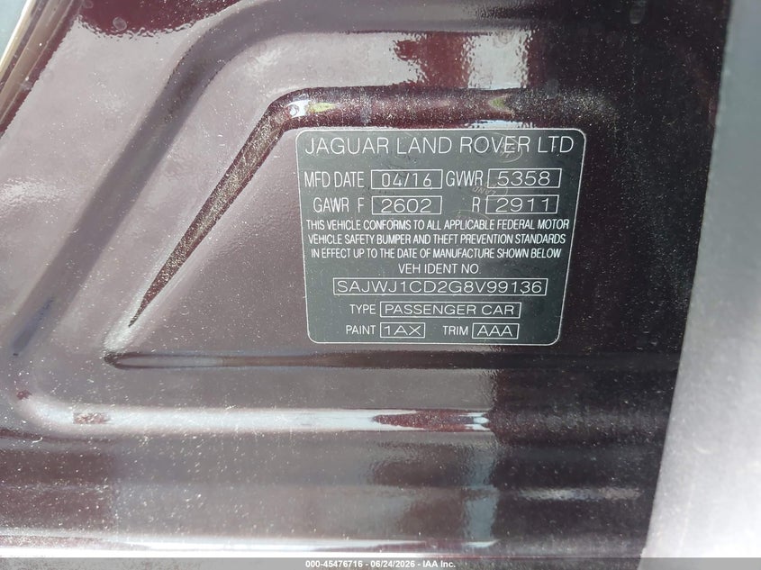 2016 Jaguar Xj VIN SAJWJ1CD2G8V99136 IAAI salvage auction — NORMAL WEAR, Clear (Georgia), sold $2,250 on 2026-07-29 (photo 9)