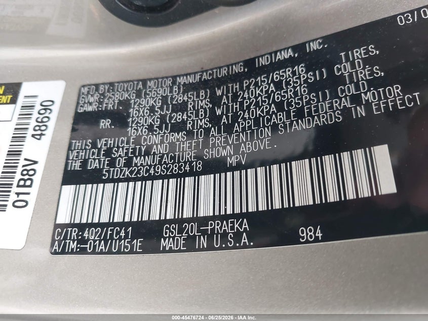 2009 Toyota Sienna VIN 5TDZK23C49S283418 IAAI salvage auction — NORMAL WEAR, Clear (Virginia), sold $975 on 2026-07-24 (photo 9)