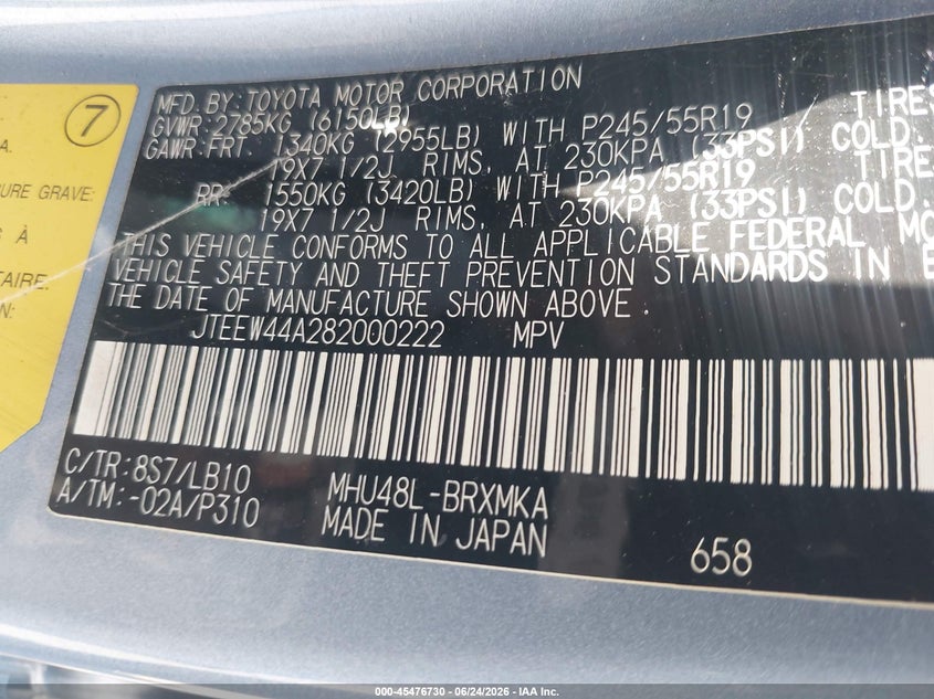 2008 Toyota Highlander VIN JTEEW44A282000222 IAAI salvage auction — NORMAL WEAR, Clear - Dealer Only (California), sold $1,350 on 2026-07-13 (photo 9)