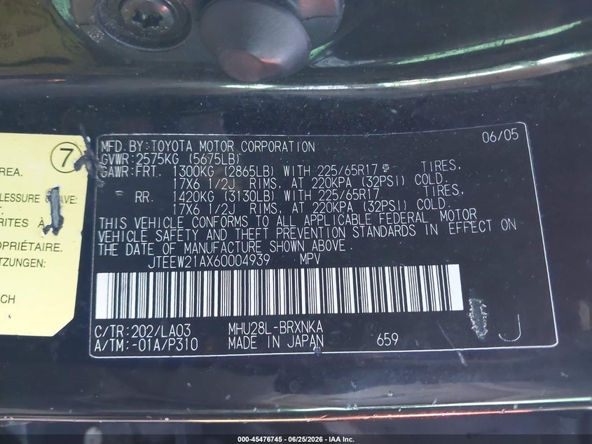 2006 Toyota Highlander VIN JTEEW21AX60004939 IAAI salvage auction — NORMAL WEAR, Clear (Illinois), sold $600 on 2026-07-22 (photo 9)