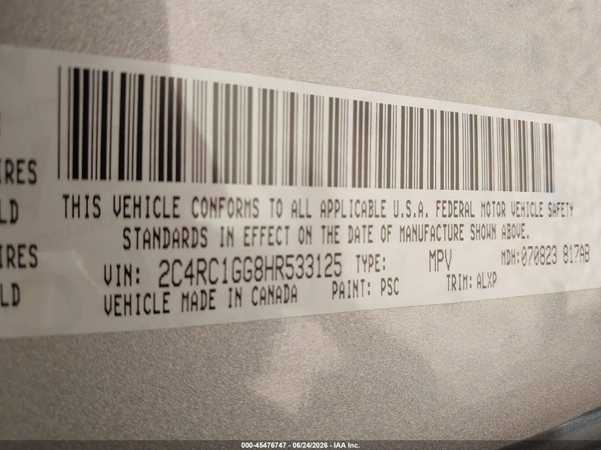 2017 Chrysler Pacifica VIN 2C4RC1GG8HR533125 IAAI salvage auction — REAR END, Salvage (North Carolina), sold $2,950 on 2026-07-16 (photo 9)