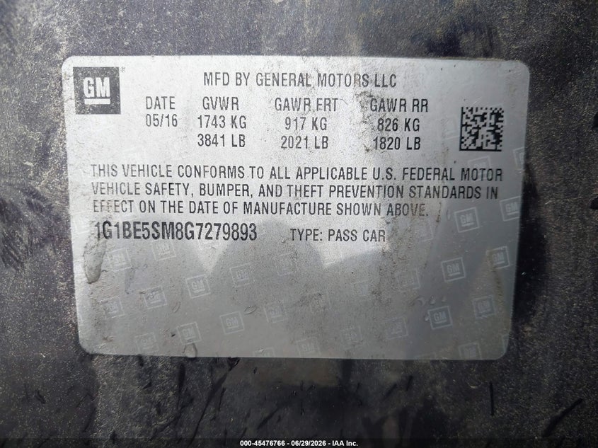 2016 Chevrolet Cruze VIN 1G1BE5SM8G7279893 IAAI salvage auction — REAR END, Salvage - Greater Than 75% (Maryland), sold $700 on 2026-07-18 (photo 9)