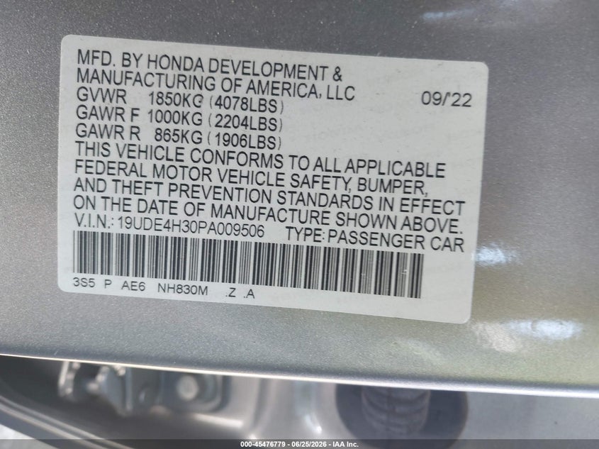 2023 Acura Integra VIN 19UDE4H30PA009506 IAAI salvage auction — FRONT & REAR, Salvage (Idaho), sold $2,950 on 2026-07-10 (photo 9)