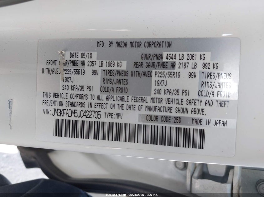 2018 Mazda Cx-5 VIN JM3KFADM5J0422705 IAAI salvage auction — FRONT & REAR, Original (Texas), sold $6,250 on 2026-08-20 (photo 9)
