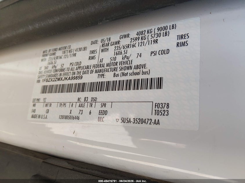 2018 Ford Transit-350 VIN 1FBZX2ZMXJKA99859 IAAI salvage auction — NORMAL WEAR, Sf97 (New Mexico), sold $14,200 on 2026-09-02 (photo 9)