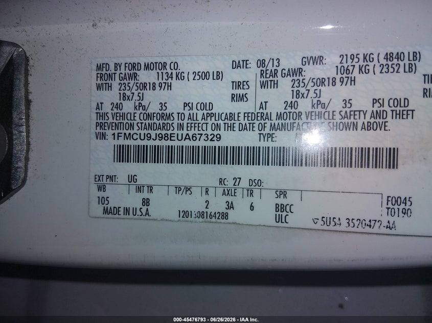 2014 Ford Escape VIN 1FMCU9J98EUA67329 IAAI salvage auction — SIDE, Salvage Title, sold $675 on 2026-07-23 (photo 9)