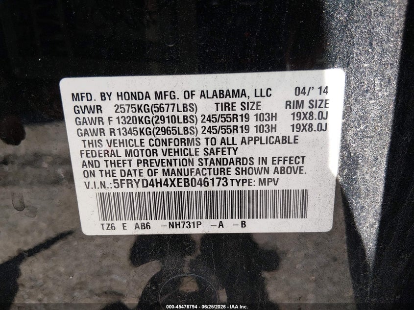 2014 Acura Mdx VIN 5FRYD4H4XEB046173 IAAI salvage auction — FRONT END, Salvage - Greater Than 75% (Maryland), sold $1,300 on 2026-07-09 (photo 9)