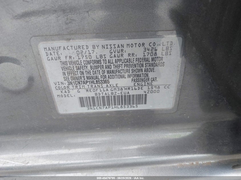 2017 Nissan Versa VIN 3N1CN7AP1HL853365 IAAI salvage auction — NORMAL WEAR, Clear (Florida), sold $700 on 2026-07-18 (photo 9)