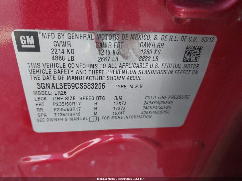 2012 Chevrolet Captiva sport VIN 3GNAL3E59CS583206 IAAI salvage auction — NORMAL WEAR, Clear (Illinois), sold $600 on 2026-07-08 (photo 9)