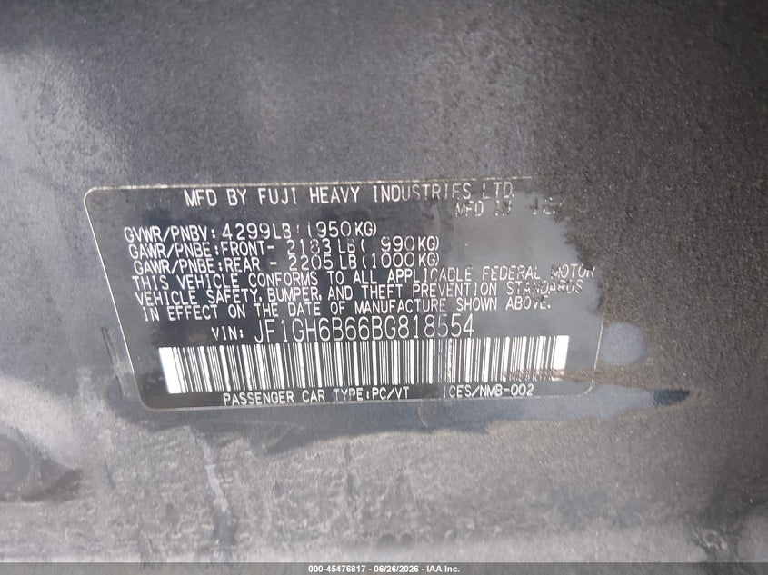 2011 Subaru Impreza VIN JF1GH6B66BG818554 IAAI salvage auction — RIGHT FRONT, Salvage (Pennsylvania), sold $300 on 2026-07-15 (photo 9)