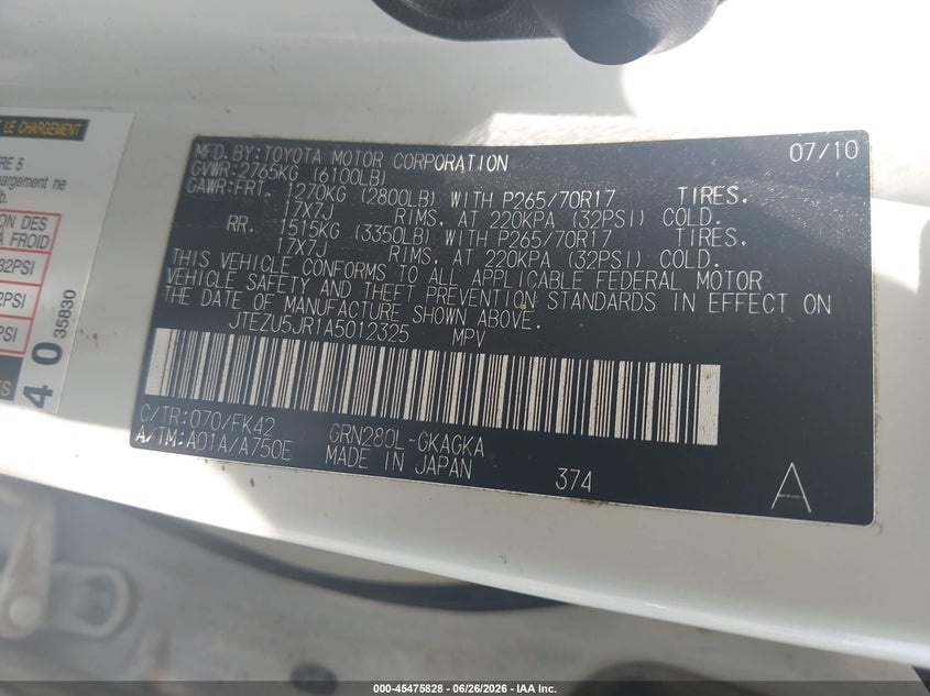 2010 Toyota 4runner VIN JTEZU5JR1A5012325 IAAI salvage auction — FRONT END, Salvage (Idaho), sold $6,600 on 2026-07-22 (photo 9)