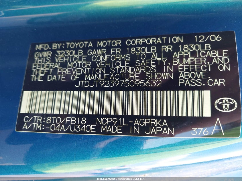 2007 Toyota Yaris VIN JTDJT923975095632 IAAI salvage auction — NORMAL WEAR, Original (Maine), sold $650 on 2026-07-06 (photo 9)