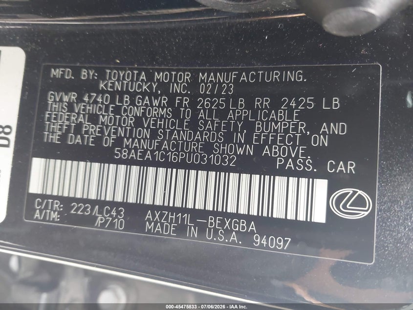 2023 Lexus ES VIN 58AEA1C16PU031032 IAAI salvage auction — REAR END, Salvage Title, sold $15,600 on 2026-08-01 (photo 9)