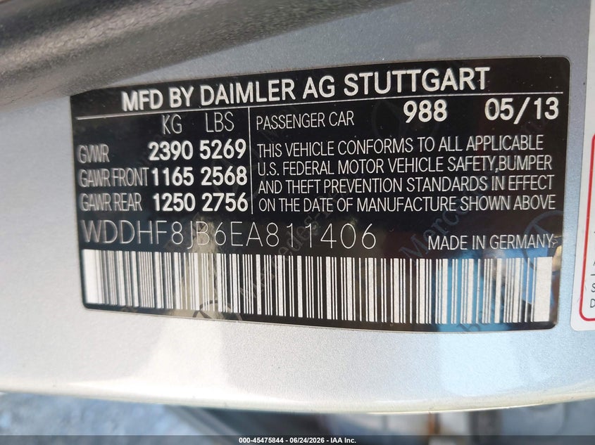 2014 Mercedes-benz E-klasse VIN WDDHF8JB6EA811406 IAAI salvage auction — NORMAL WEAR, Clear (New Jersey), sold $1,750 on 2026-07-14 (photo 9)