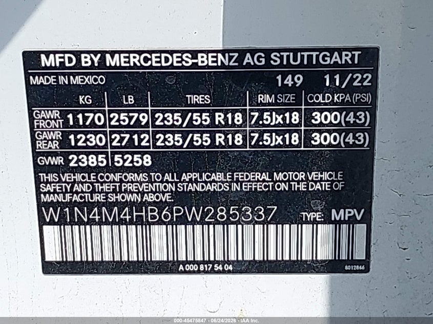 2023 Mercedes-benz Glb VIN W1N4M4HB6PW285337 IAAI salvage auction — FRONT END, Rebuildable (Florida), sold $12,950 on 2026-07-13 (photo 9)