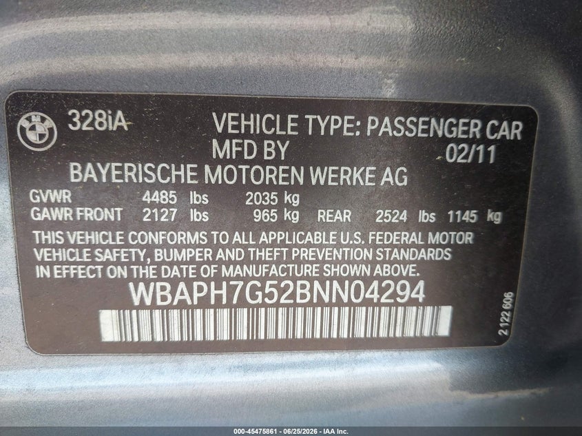 2011 BMW 3er VIN WBAPH7G52BNN04294 IAAI salvage auction — NORMAL WEAR, Clear (North Carolina), sold $1,125 on 2026-07-15 (photo 9)