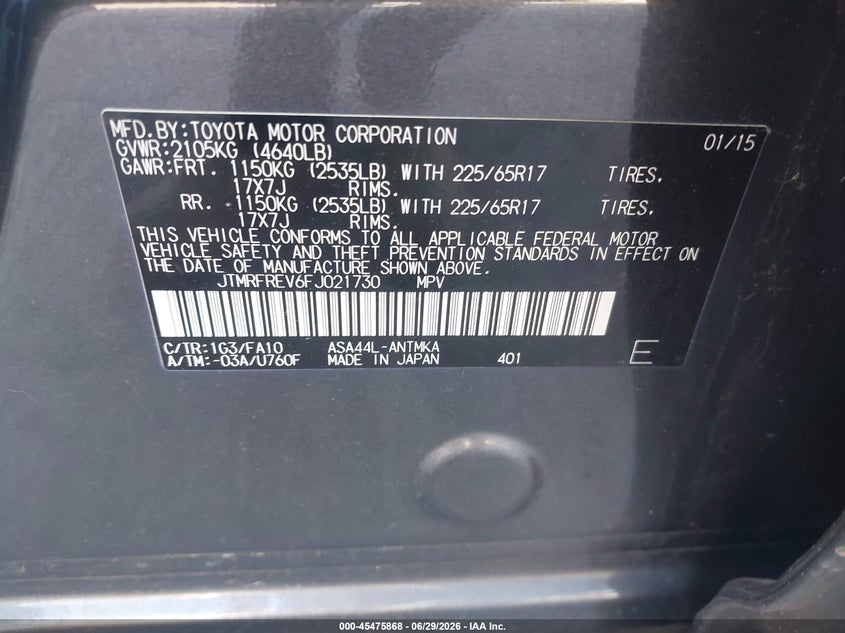 2015 Toyota Rav 4 VIN JTMRFREV6FJ021730 IAAI salvage auction — REAR END, Salvage (Georgia), sold $5,250 on 2026-08-09 (photo 9)