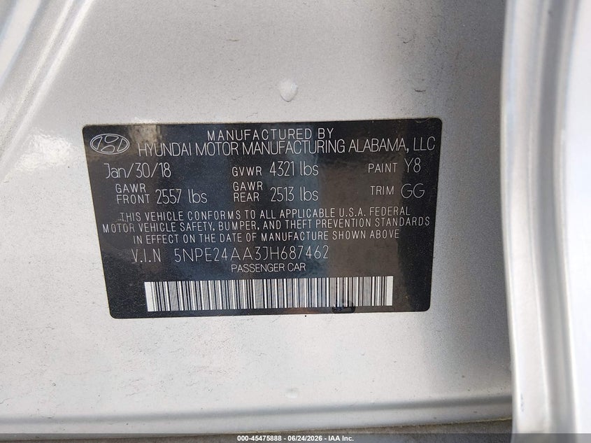 2018 Hyundai Sonata VIN 5NPE24AA3JH687462 IAAI salvage auction — NORMAL WEAR, SF97 (Virginia), sold $9,500 on 2026-07-31 (photo 9)