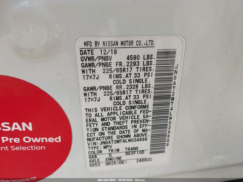 2020 Nissan Rogue VIN JN8AT2MT4LW034699 IAAI salvage auction — FRONT END, Salvage Title, sold $2,850 on 2026-08-02 (photo 9)