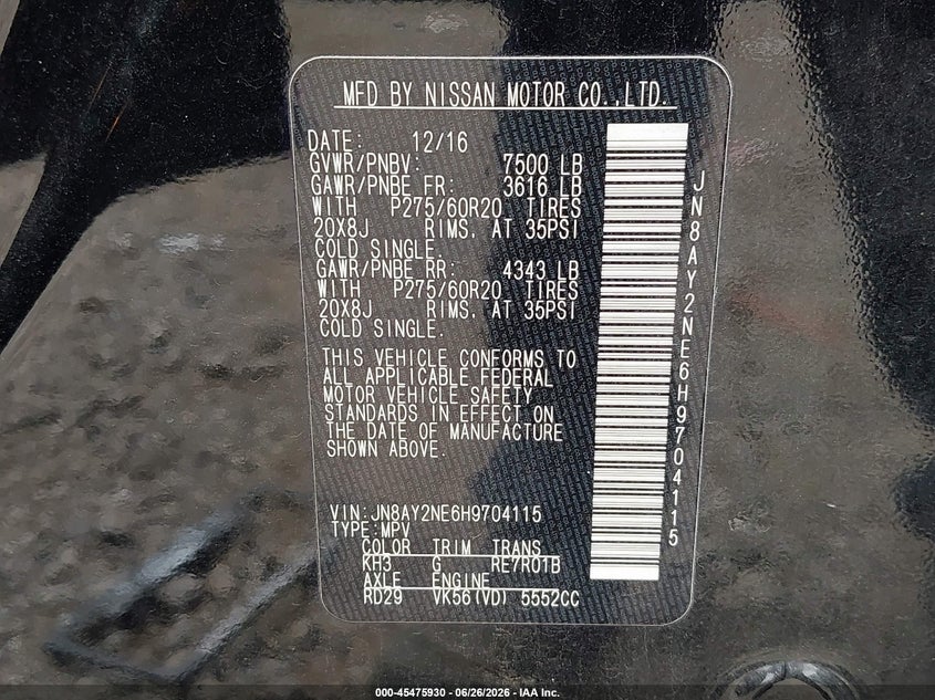 2017 Nissan Armada VIN JN8AY2NE6H9704115 IAAI salvage auction — FRONT END, Salvage (Tennessee), sold $4,600 on 2026-07-23 (photo 9)