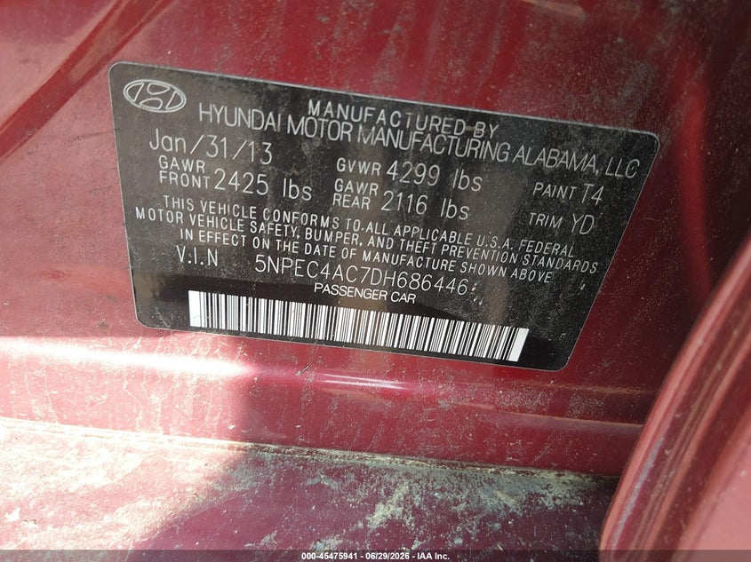 2013 Hyundai Sonata VIN 5NPEC4AC7DH686446 IAAI salvage auction — NORMAL WEAR, Original (New Hampshire), sold $1,075 on 2026-07-15 (photo 9)