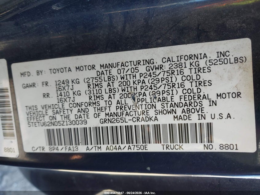 2005 Toyota Tacoma VIN 5TETU62N05Z130039 IAAI salvage auction — NORMAL WEAR, Clear (Pennsylvania), sold $3,700 on 2026-07-30 (photo 9)