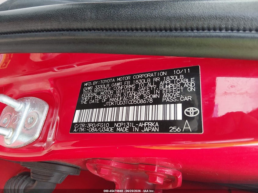 2012 Toyota Yaris VIN JTDKTUD31CD508678 IAAI salvage auction — FRONT & REAR, Salvage (Texas), sold $1,650 on 2026-07-28 (photo 9)
