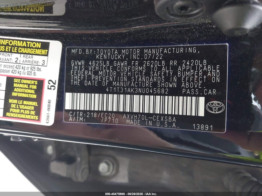 2022 Toyota Camry VIN 4T1T31AK3NU045682 IAAI salvage auction — REAR END, Salvage (Missouri), sold $11,950 on 2026-07-20 (photo 9)