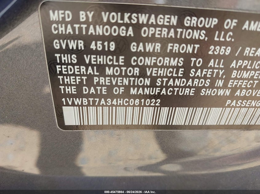2017 Volkswagen Passat VIN 1VWBT7A34HC061022 IAAI salvage auction — NORMAL WEAR, Clear (Virginia), sold $2,300 on 2026-07-20 (photo 9)
