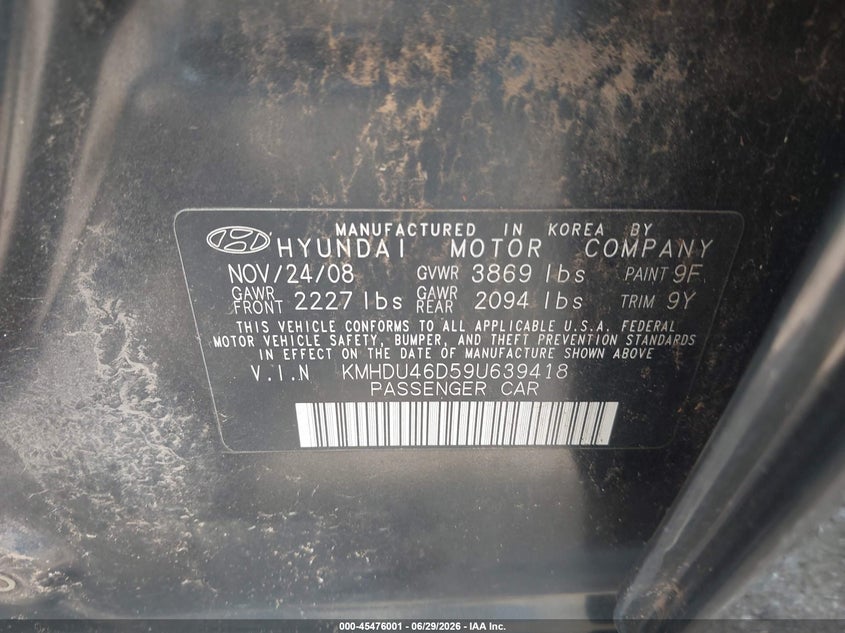 2009 Hyundai Elantra VIN KMHDU46D59U639418 IAAI salvage auction — NORMAL WEAR, Clear (Oklahoma), sold $250 on 2026-07-08 (photo 9)