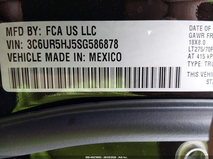 2025 Ram 2500 VIN 3C6UR5HJ5SG586878 IAAI salvage auction — RIGHT FRONT, Salvage Title, sold $7,000 on 2026-07-28 (photo 9)
