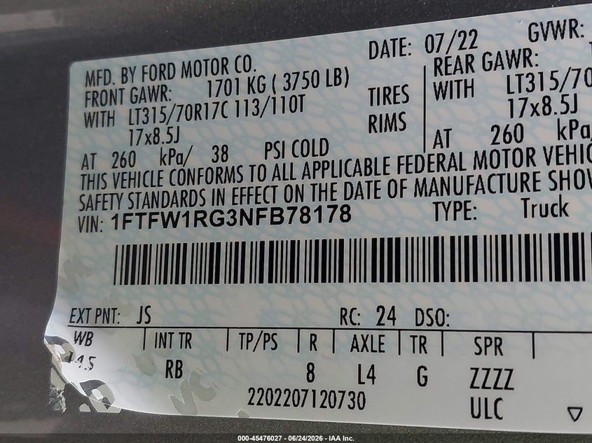 2022 Ford F-150 VIN 1FTFW1RG3NFB78178 IAAI salvage auction — Theft, Salvage, sold $1,250 on 2026-09-02 (photo 9)