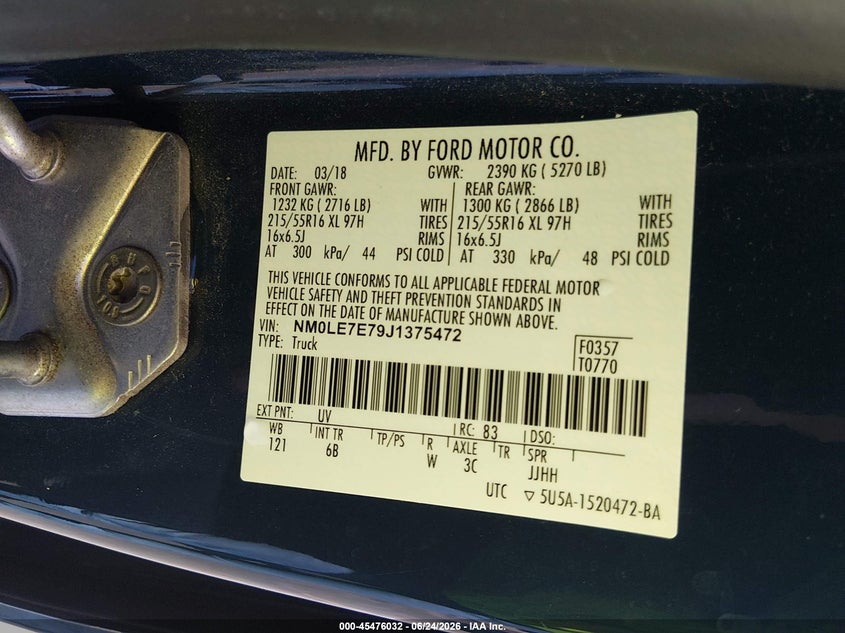 2018 Ford Transit connect VIN NM0LE7E79J1375472 IAAI salvage auction — NORMAL WEAR, SF97 (Virginia), sold $8,800 on 2026-07-22 (photo 9)